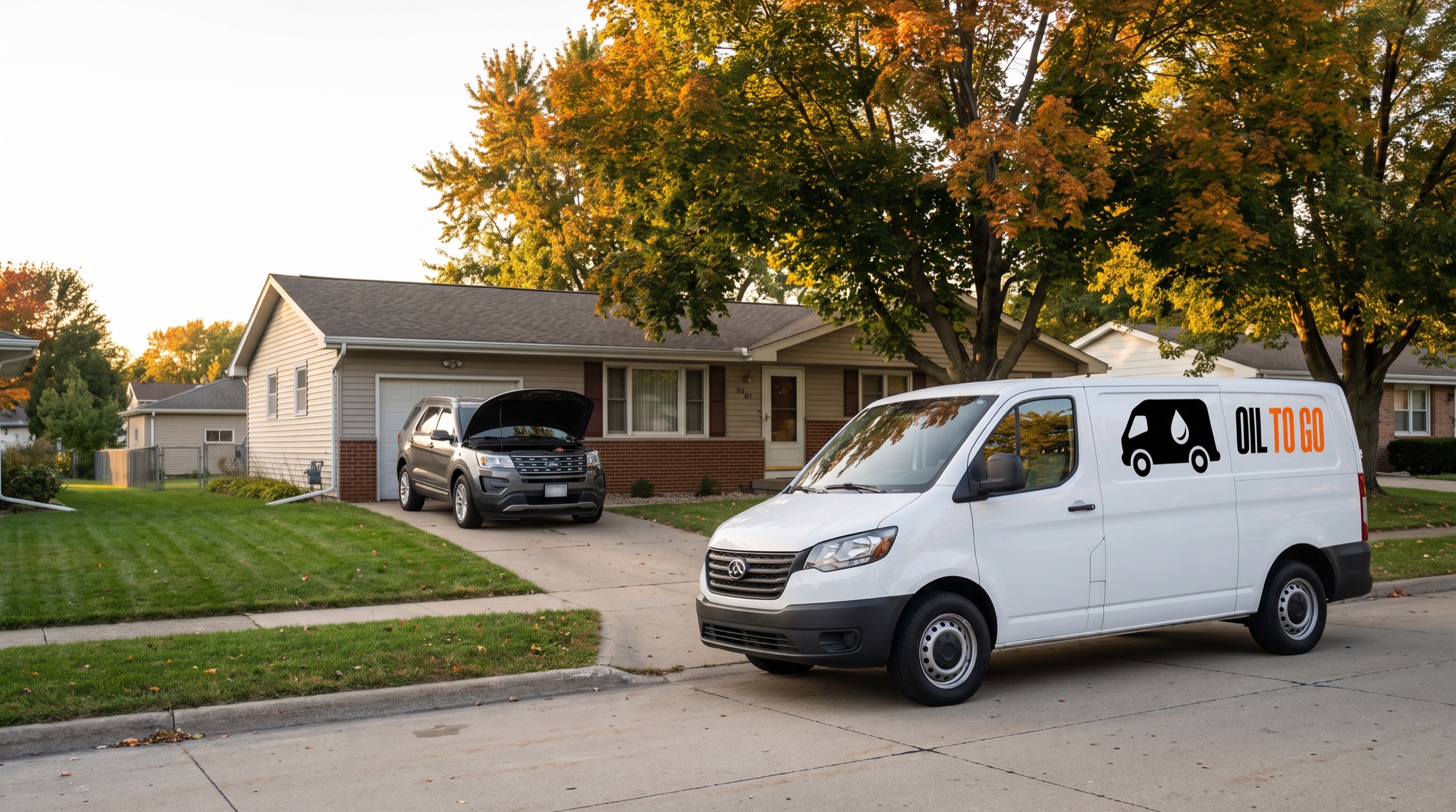 The white Oil To Go van parked at the curb of a ranch house on an autumn evening, an SUV in the driveway with its hood up