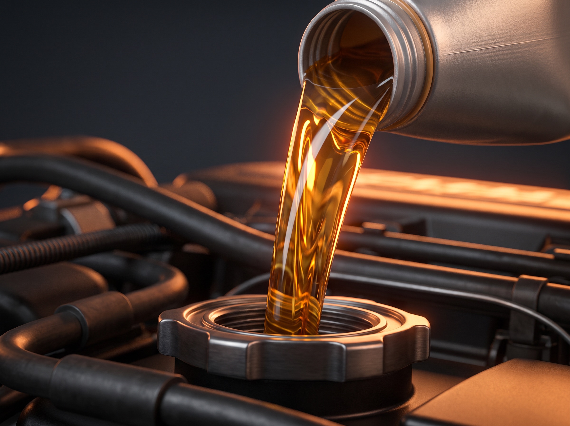 Fresh amber full-synthetic oil pouring into an engine's filler neck